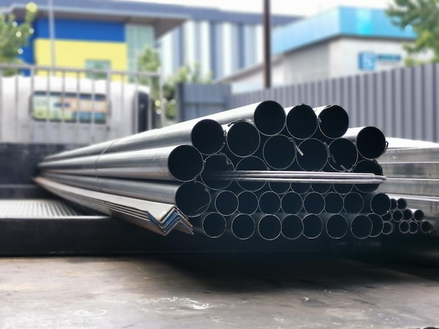 Image of stack of round mild steel pipes.