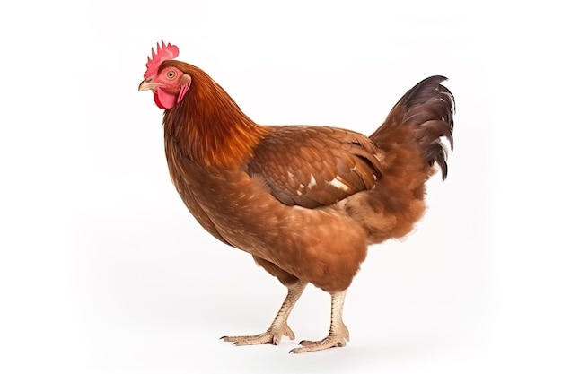 Image of standing brown hen on white background Farm Animals illustration generative AI