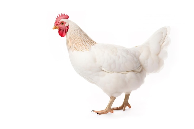 Image of standing white hen on white background Farm Animals illustration generative AI