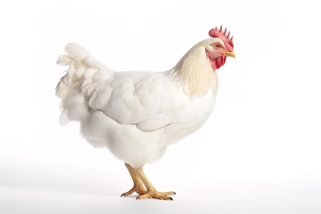 Image of standing white hen on white background Farm Animals illustration generative AI