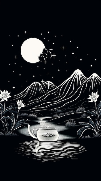 Image of a starry night with a full moon and a teapot in the middle of a river