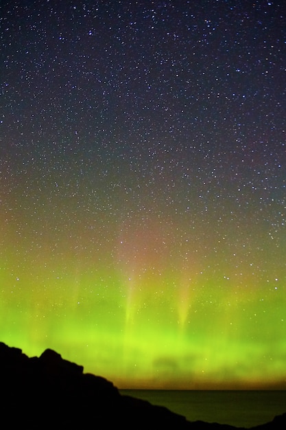 Immagine della notte stellata con un'onda di aurora verde si illumina su un grande lago oceano o mare con silhouette costiera