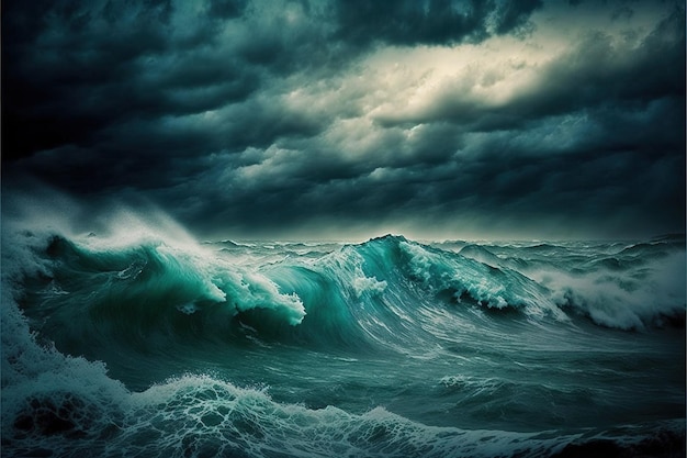 Image Stormy blue ocean with big waves and a cloudy sky in high resolution illustration painting wallpaper cold colors state of mind adversity anxiety go to the end resist problems AI