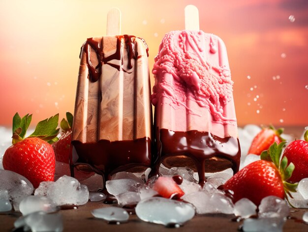 image of strawberry and chocolate ice cream with beautiful strawberries around