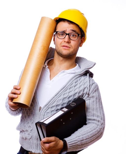 Image of student with folders posing in studio