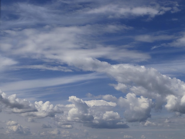An image of a summer blue sky with a beautiful pattern of white clouds of various shapes