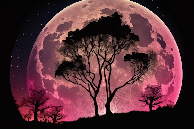 An image of a super full pink moon with a silhouetted tree in a woodland and a star in the sky