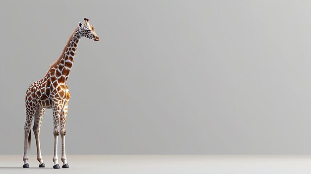 Photo image of a tall giraffe standing on a solid offwhite background the giraffe is standing in profile with its long neck stretched upward