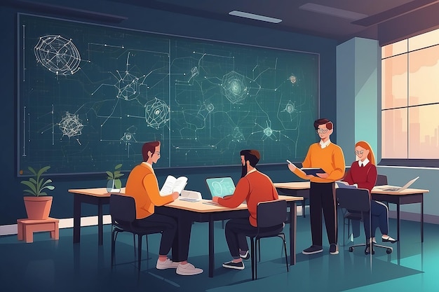 an image of a teacher and students studying the potential applications of quantum cryptography vector illustration in flat style