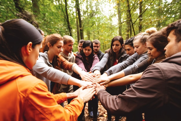 Photo image of team building activities such as outdoor retreats or group exercises generative ai