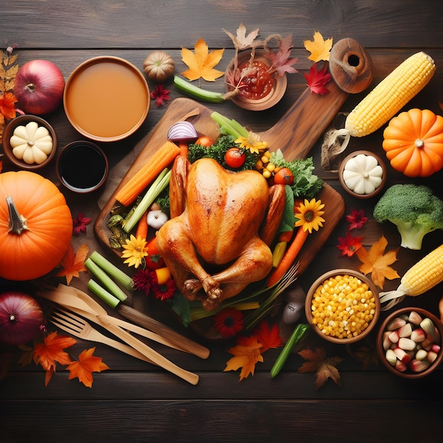 Image of Thanksgiving Dinner with Turkey Sauce Top View