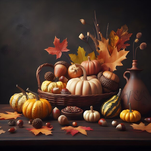 Image of Thanksgiving Wallpaper with Fall Leaves Pumpkins in a Basket and on a Dark Wood Background