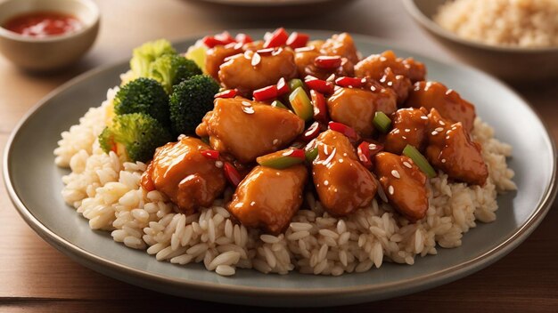 image that captures the fusion of flavors in sweet and sour chicken with brown rice