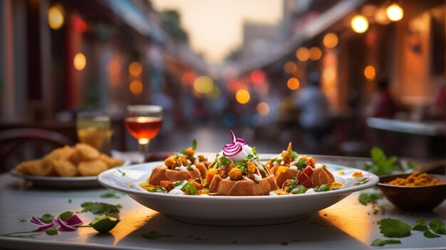 image that conveys the harmony of flavors in Indian chaat on a clean white plate against a restaura