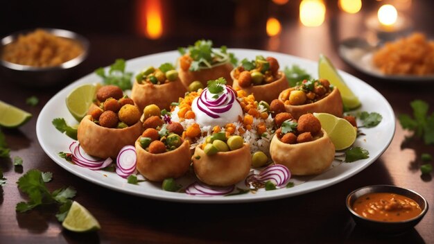 image that conveys the harmony of flavors in Indian chaat on a clean white plate against a restaura