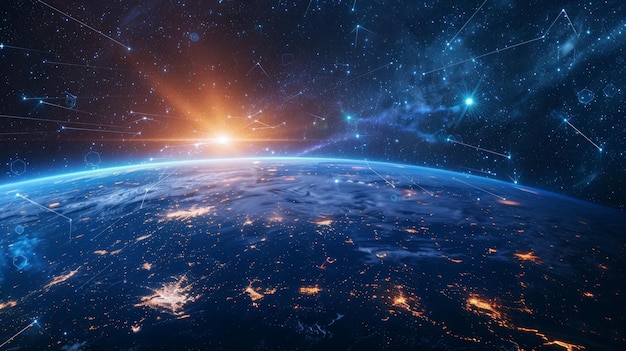 An image that depicts the future of communication and telecommunication over the internet A global network of telecommunications a cryptocurrency and blockchain and Internet of Things NASA