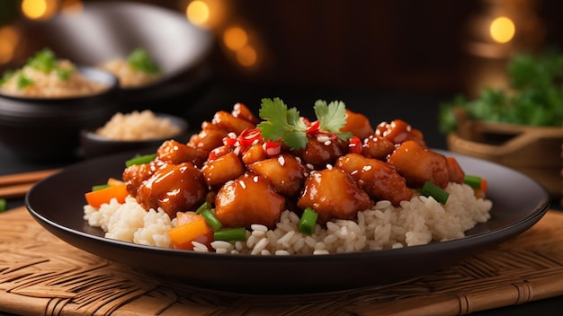 image that showcases the artistry of plating sweet and sour chicken on a bed of brown rice