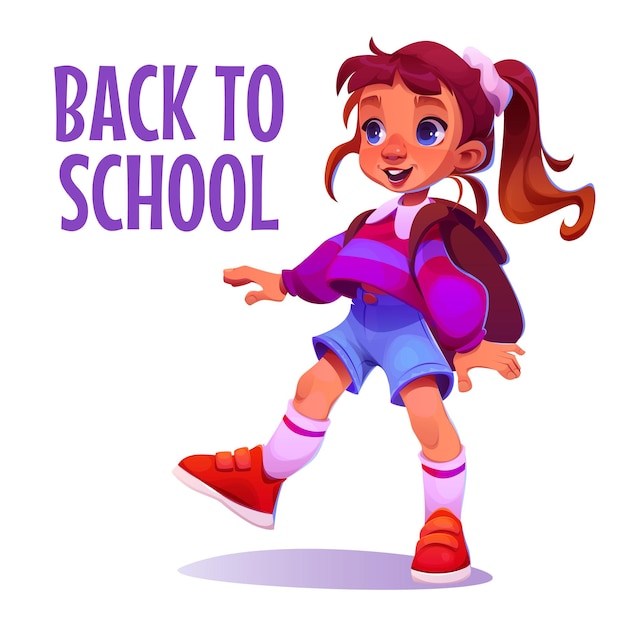 in the image there is a girl with a backpack standing in front of a sign that