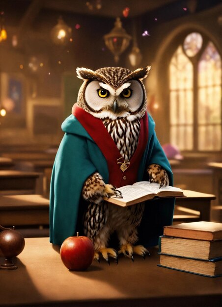 in the image there is an owl dressed as a teacher in a magic school class at the school of magical a