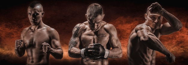 Image of three mixed martial arts fighters in front of a fiery background. Boxing, kickboxing, muay thai concept. High quality