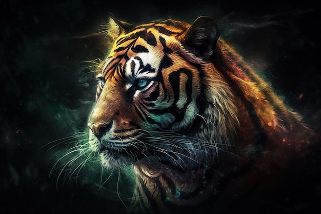 Изображение головы тигра с красивыми яркими цветами на темном фоне Животные дикой природы Иллюстрация генеративный AI