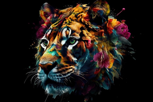 Image of a tiger head with beautiful bright colors on a dark background Wildlife Animals Illustration generative AI