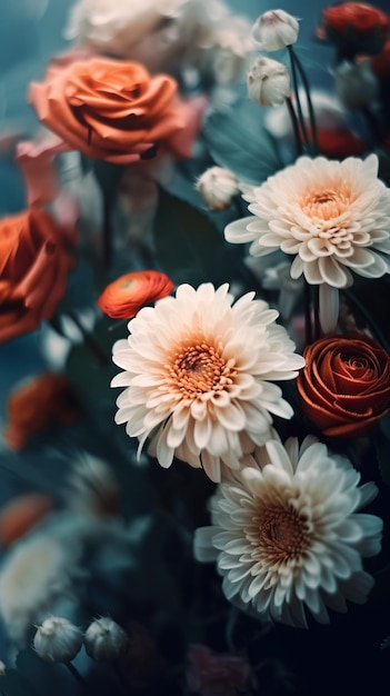 携帯電話やデスクトップの壁紙用の、葉のない淡いカラフルな色のスタイルの最小限の背景のしっかりと現実的なマルチタイプの花の画像