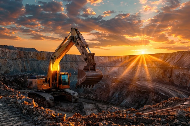 Image of a tracked excavator in a quarry with a setting sun and light rays