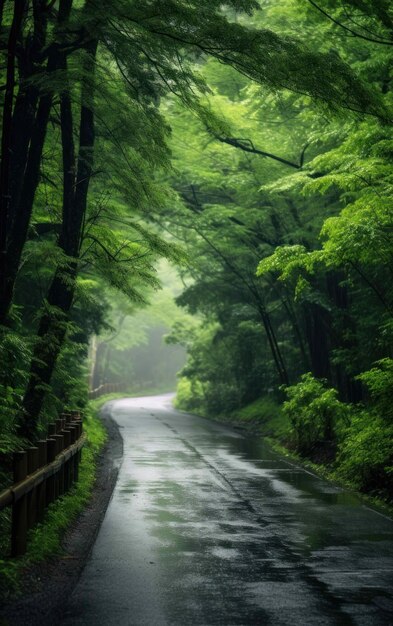 Image of a tranquil japanese countryside road in the rain