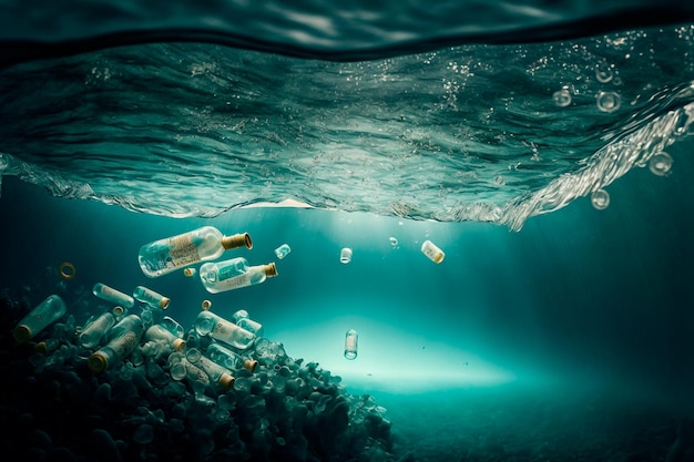 An image of trash plastic bottles drifting in the ocean Generative AI