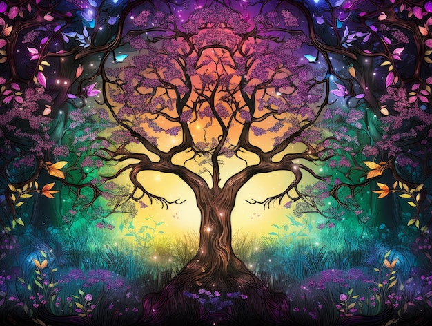 an image of a tree in the forest with colorful lights