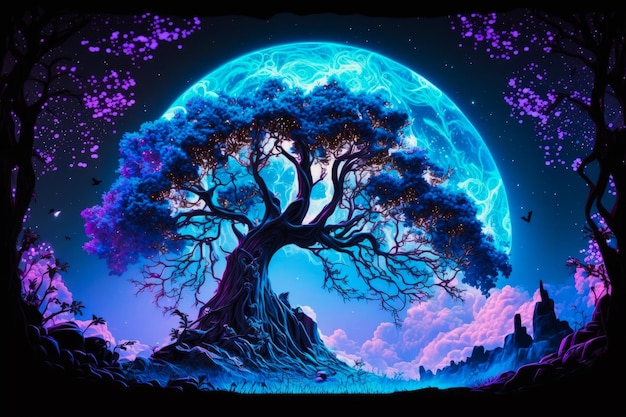 An image of tree in front of full moon Generative AI