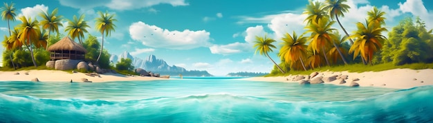 Image of tropical beach with palm tree in the foreground Generative AI