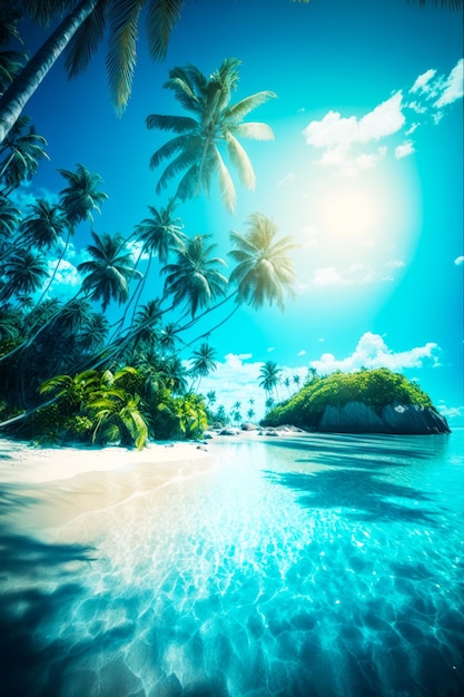 Изображение тропического острова с пальмами и солнцем в небе Генеративный AI