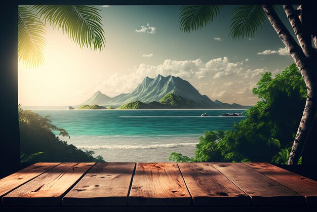 木製のテーブルに描かれた熱帯の景色の画像