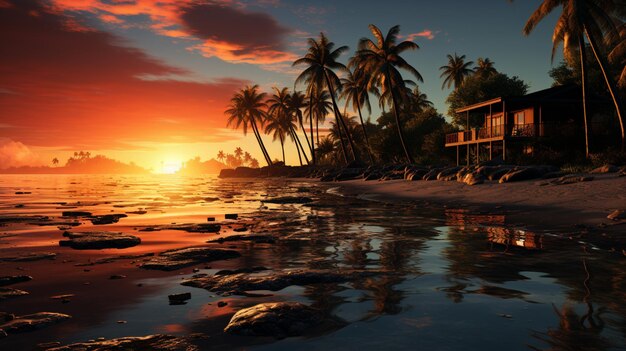 Image of tropical sunset with house and palm trees reflected in the water