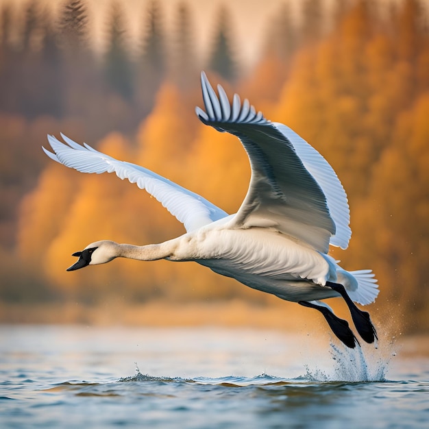 An image of a trumpeter swan in flight