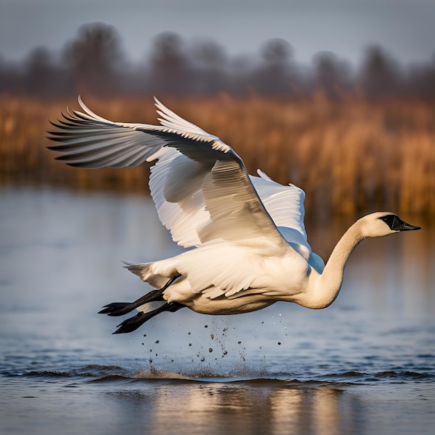 An image of a trumpeter swan in flight