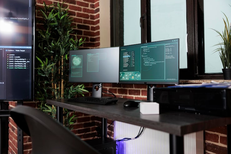 Photo image of two computer screens displaying software data information and integrated algorithms. multiple display cyber security setup computing artificial intelligence communication program.