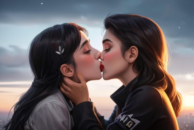 Изображение двух влюбленных девушек, целующихся.