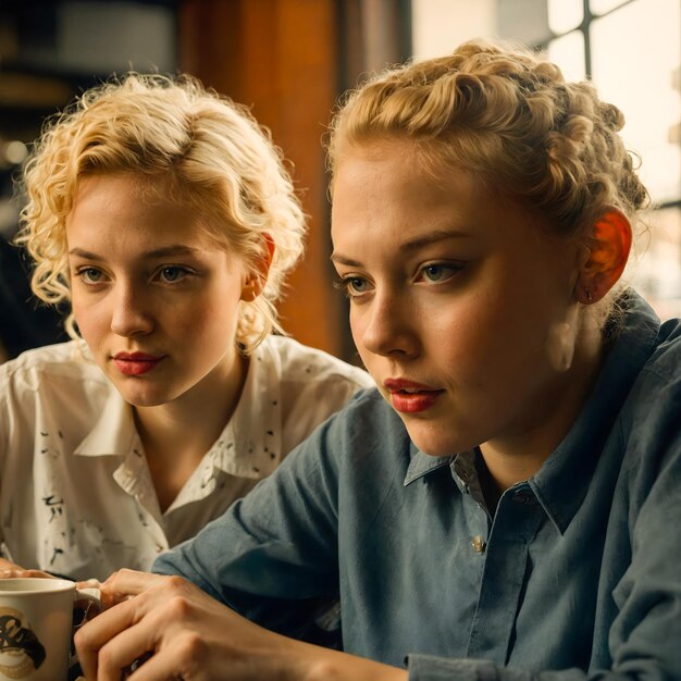 Image of two girls sitting at the table having breakfast dressed in the southern style of the USA
