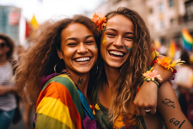 Image of two lesbian girls celebrating gay pride day with lgtb flags Concept of social inclusion Image created with AI