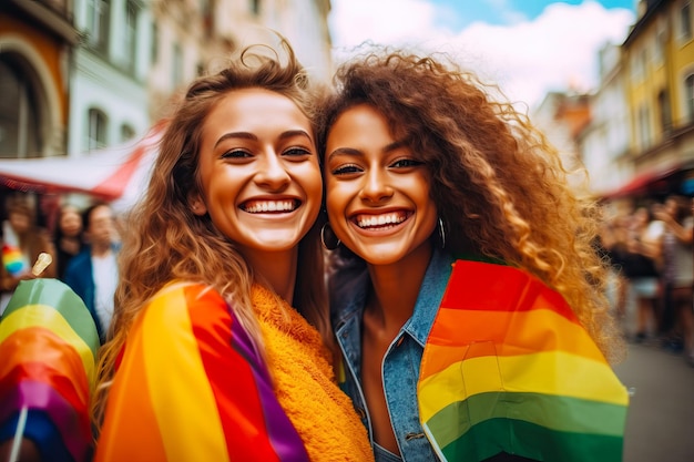 Image of two lesbian girls celebrating gay pride day with lgtb flags Concept of social inclusion Image created with AI