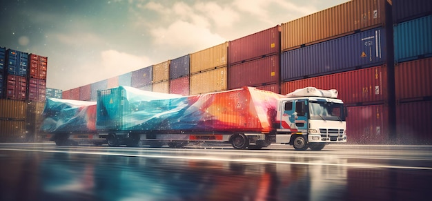 An image of two shipping ships along with containers and a truck