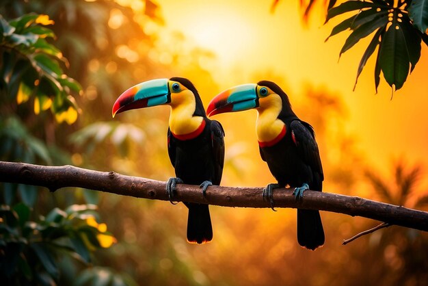 Image of two toucans surrounded by the dense flora of a tropical forest