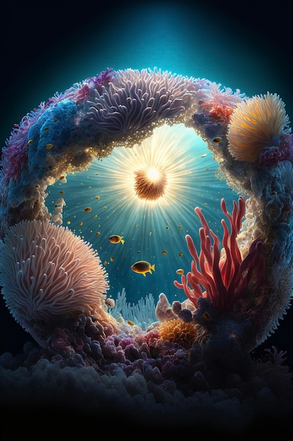 An image of an underwater scene with corals and fish generative ai