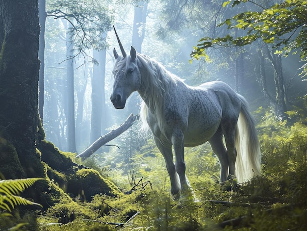 Image of a unicorn in a mystical foggy forest invoking fantasy and magic