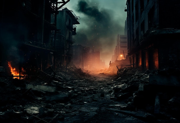 image of urban destruction with explosion and fire