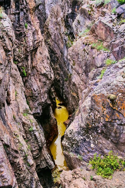 Image of vertical of canyon with river cutting through\
gorge