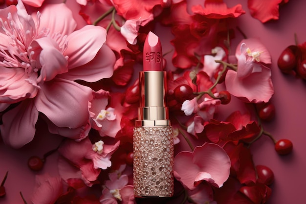 Image very beuatiful Cosmetic branding fashion blog cover and girly glamour concept res lipstick and flower